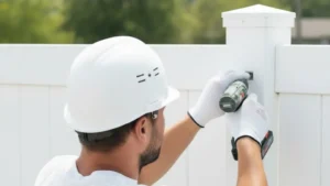 A contractor installing a new white vinyl privacy fence using a power drill.